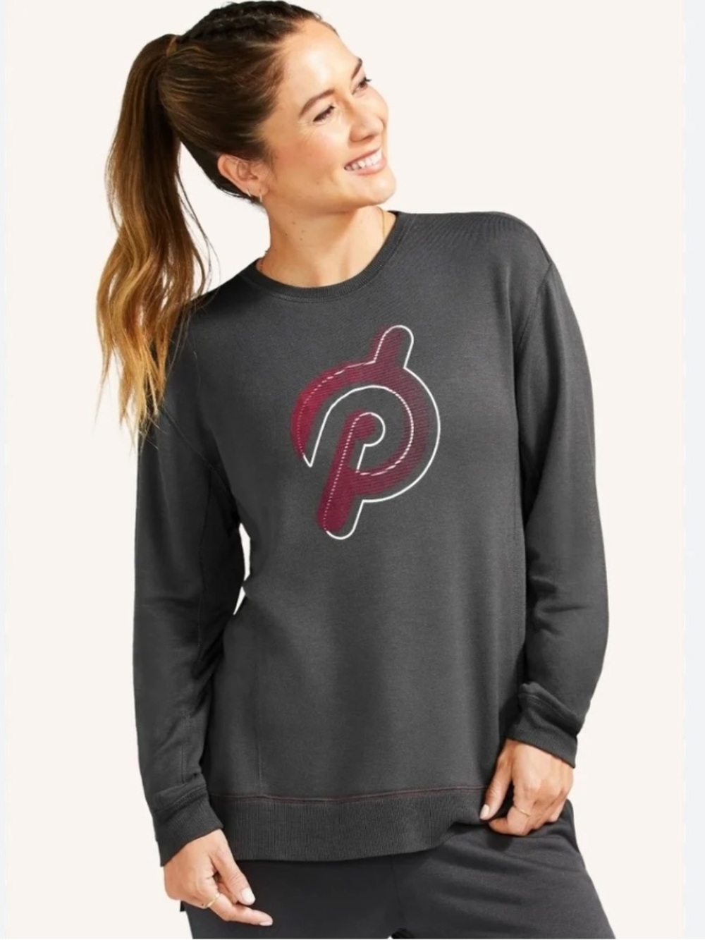 NWT Peloton | Women's Charcoal Grey Crewneck Weekender Side Slit Logo Top Size L